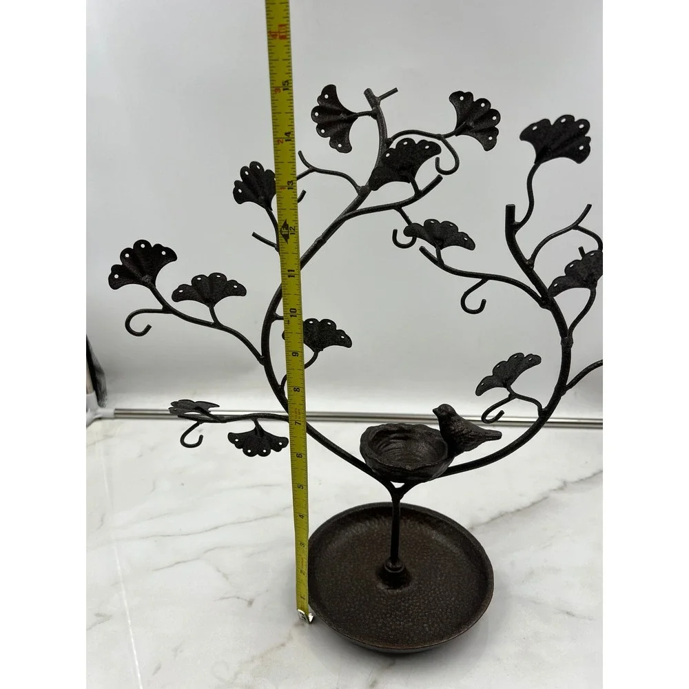 Cast Iron Jewelry Tree Stand Ginkgo Leaf Bird Nest Organizer Bronze Tone 12.5in
